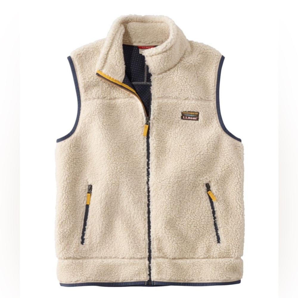 L.L. Bean Cream Sherpa Fleece Vest with Navy Trim